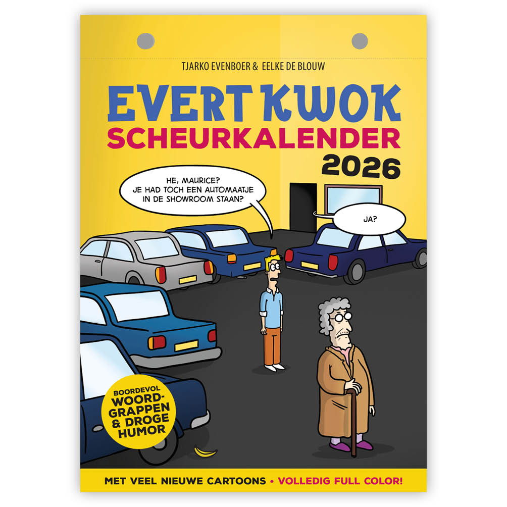 De Evert Kwok Scheurkalender is een absolute musthave voor de liefhebber van woordgrappen en droge humor. Zet je schrap voor een nieuw jaar boordevol kwokklassiekers, gloednieuwe cartoons en stripjes, überslechte (en dus goede) woordgrappen en absurde ongein van de woordgrappenkoning van de lage landen.
Evert Kwok is het gezamenlijk pseudoniem van cartoonisten Eelke de Blouw en Tjarko Evenboer. Al jaren maken zij furore met woordgrappen die zó überslecht zijn dat ze weer goed worden. De cartoons zijn onder andere gepubliceerd in het Algemeen Dagblad, diverse magazines en tal van lesmethodes Nederlands.
Jochem Myjer: “Als droge humor ooit een sport wordt, is Evert Kwok onverslaanbaar!”
Formaat: 13 x 18 cm