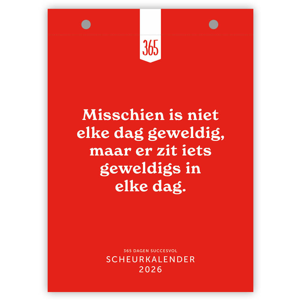 De 365 Dagen Succesvol Scheurkalender helpt je elke dag om meer in vrede met jezelf te leven. In vrede met jezelf betekend vrij van onzekerheid, stress, angst, ontevredenheid, boosheid en belemmerende overtuigingen. Kortom een zeer waardevolle scheurkalender voor jezelf maar ook leuk om cadeau te geven.
De kalender is voorzien van de officiële Nederlandse en Belgische feestdagen en eenvoudig op te hangen door de stansgaten.
David de Kock en Arjan Vergeer zijn de oprichters van 365 Dagen Succesvol, hun missie is wereldvrede omdat ze geloven dat wanneer ieder mens in vrede leeft met zichzelf, er vanzelf wereldvrede zal zijn.