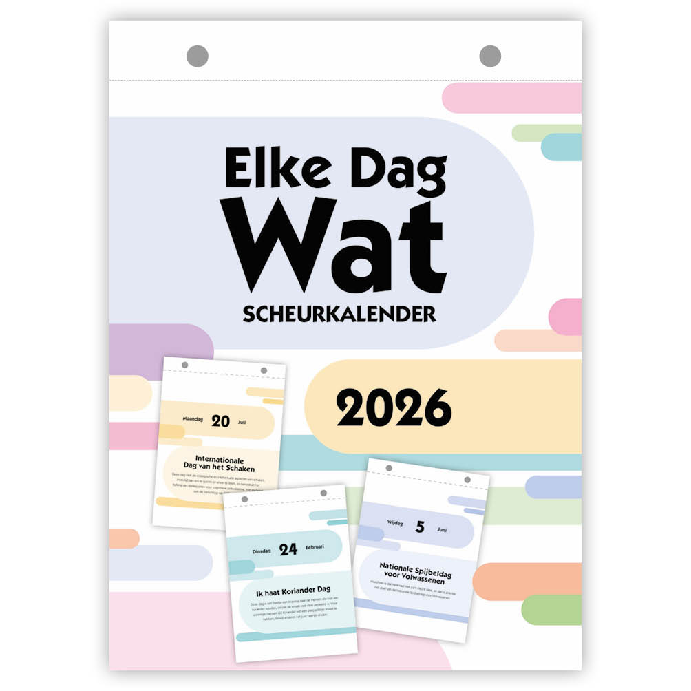 Van Internationale Vrouwendag tot aan Wereld Emojidag en Landelijke Aardbeiendag: je kunt het zo gek niet bedenken, of er is wel een speciale dag voor. Vaak belangrijk en serieus, maar soms ook heerlijk luchtig, er is letterlijk elke dag wat. Verwonder je en leer bij over alle bijzondere dagen met de Elke Dag Wat scheurkalender. Ook handig als contentkalender voor je socials! De kalender is eenvoudig op te hangen door de twee boorgaten.