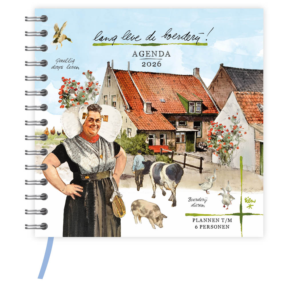 Deze familienotitie-agenda werd direct vanaf de eerste uitgave erg gewaardeerd om zijn praktische indeling en zijn gezellige uitstraling. De agenda is gemaakt voor (maximaal) 6 personen maar deze agenda wordt ook vaak gebruikt voor één persoon vanwege zijn verticale week indeling. Deze agenda heeft een harde kaft en bevat (nieuw dit jaar!) een extra pagina met flap voorin de agenda welke je als boekenlegger kunt gebruiken en waar je tevens de namen van je gezin op kunt schrijven. Gebruik je de agenda alleen voor jezelf? Schrijf op deze flap dan de uren, zo kun je eenvoudig plannen op tijd. Super handig! Het bijhouden van alle activiteiten en afspraken voor jezelf of het hele gezin was nog nooit zo makkelijk! De agenda bevat alle Nederlandse en Belgische feestdagen en schoolvakanties.
In deze agenda vindt u de tekeningen van Rien Poortvliet over het leven en werken op en rond de boerderij. Poortvliet zag zichzelf als een tekenend verhaalverteller. Zijn volledige portfolio kan op zijn minst indrukwekkend genoemd worden: van boerderij leven en jagerij tot werken van de kabouter. Hij vatte alles samen in realistische tekeningen die direct zijn liefde voor de natuur lieten zien.
* Plannen tot en met 6 personen.
* De agenda loopt 12 maanden.
* Met harde kaft en leeslint.
* Door de ringband blijft de agenda openliggen.
* Met bladwijzer waar je de namen of uren op kunt schrijven.
* Met alle Nederlandse en Belgische feestdagen en vakanties.
* Achterin in een handige jaarplanner voor het volgende jaar.
* Formaat 19,5 x 19,5 cm