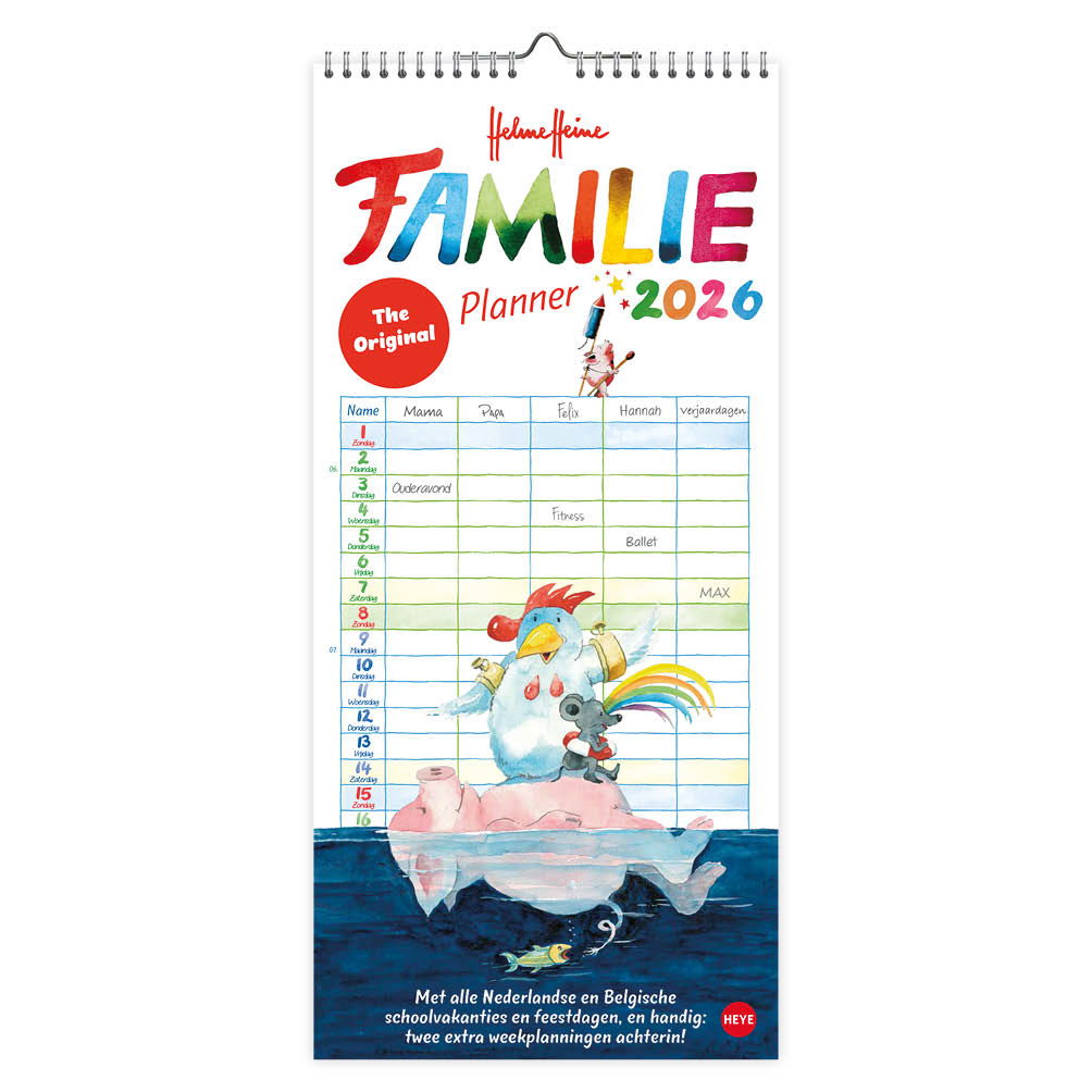 De familienotitiekalender is sinds de introductie in 1998 de best verkochte familie-notitiekalender. De kalender is bedoeld voor maximaal 5 personen en is voorzien van alle vakanties en feestdagen in Nederland en België. De tekeningen zijn van de bekende tekenaar Helme Heine. Veel notitieruimte voor het hele gezin.