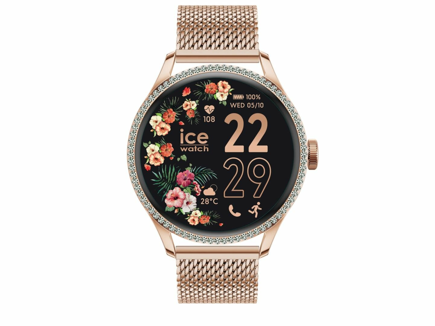ICE Watch smarthorloge. Dit horloge heeft een AMOLED- scherm en wijzerplaat kan veranderd worden. Qua functies biedt het een keur aan praktische hulpmiddelen om je te ondersteunen in je dagelijkse leven: sport, gezondheid, meldingen en nog veel meer.