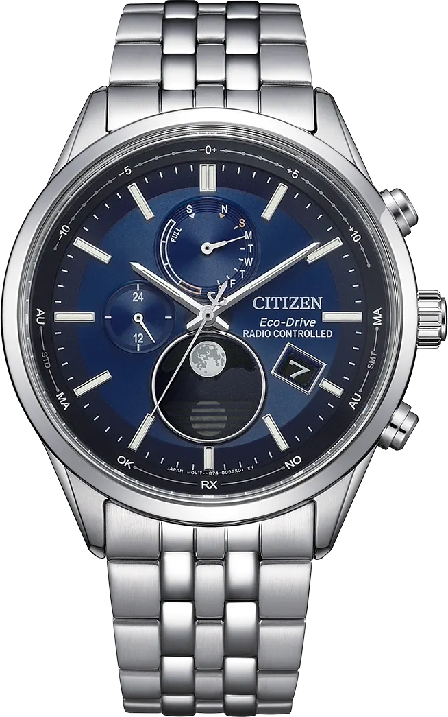 Citizen - Edelstaal heren horloge Radio Controlled, Moon Phase, Eco-Drive, 100 meter WR, Saffierglas - BY1030-50L