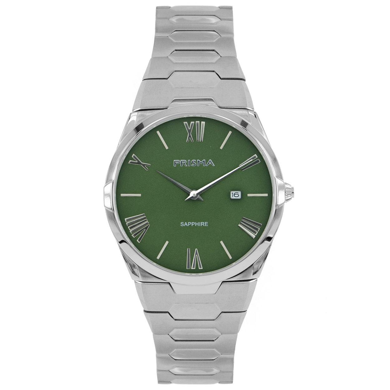 Prisma horloge P1338 heren edelstaal met saffierglas 

Algemeen
Geslacht: heren
Model: P.1338

Voordelen
- band edelstaal zilver
- wijzerplaat groen met zilvere romeinse cijfers
- glas is zeer krasvast
- slimline model (minder dan 7 mm dik)
-ook voor brede pols (max. 235,75 mm)
- luxueuze uitstraling door romeinse cijfers
- datum
- quartz
- maat kast 40 mm (breedte) 6,57mm (dikte)

