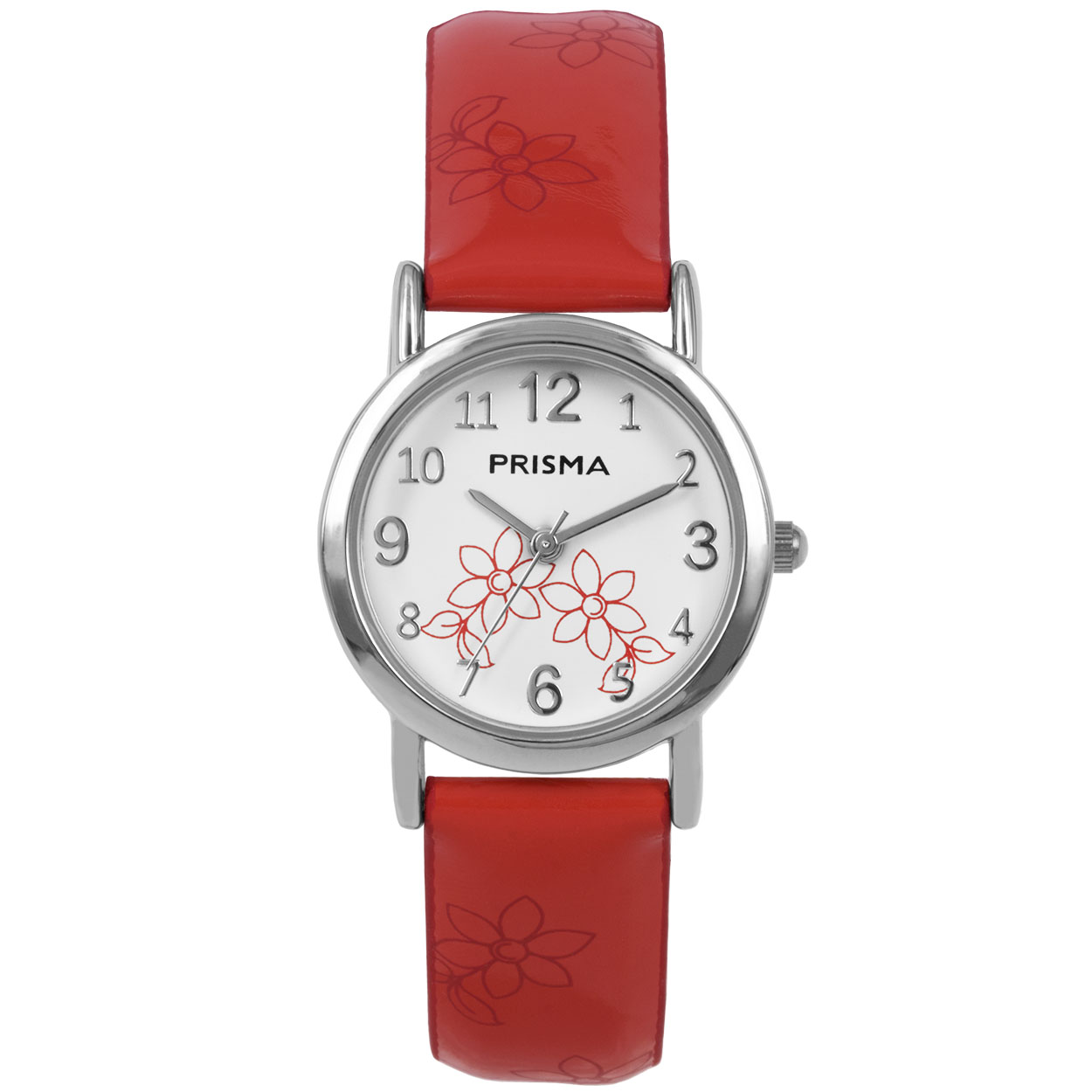 Prisma horloge 362 met rode bloemen op de wijzerplaat en duidelijke cijfers.