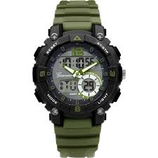 GARONNE KIDS SPORT ANA-DIGI ARMY GREEN, model KQ29Q475, is een stijlvol kinderhorloge met zowel analoge als digitale functies. Het legergroene ontwerp is perfect voor actieve kinderen. De comfortabele band zorgt voor eenvoudig dragen tijdens sport en spel. Ideaal om dagelijks om de pols te dragen, zodat kinderen altijd de tijd bij de hand hebben.