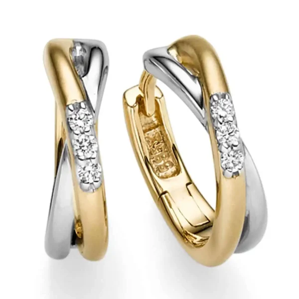 Crossover Oorringen 14 KRAAT GOUD met 3 x diamant briljant geslepen 2x 0.03 Crt G SI