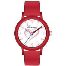 Schattig kinderhorloge met hartvormige rode wijzerplaat en siliconen band. Waterbestendig tot 3 ATM.