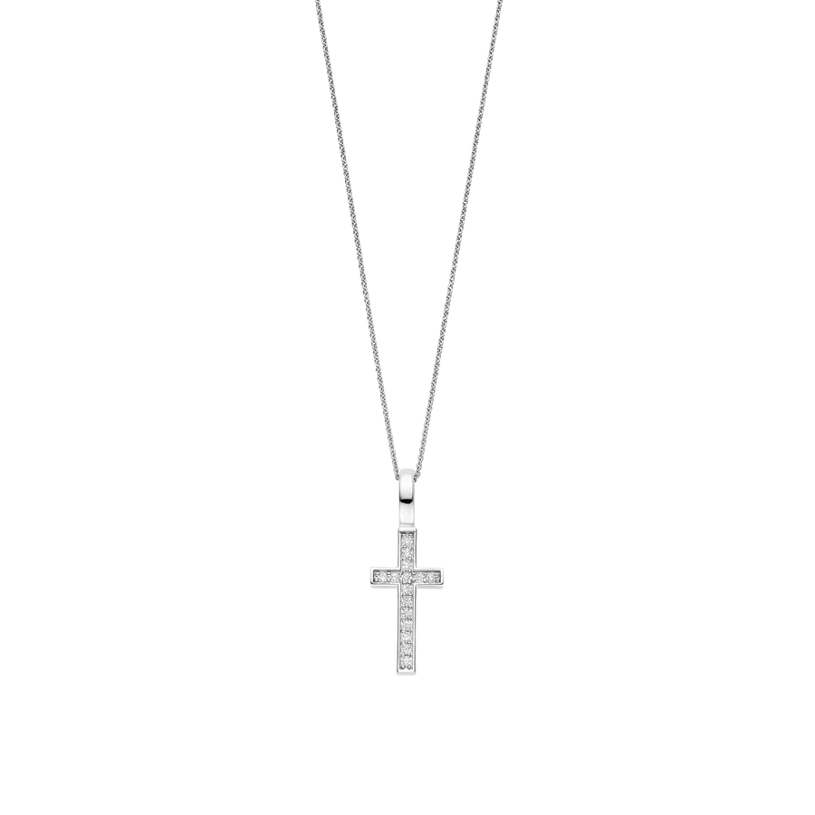Omarm symbolische elegantie met deze TI SENTO zilveren kruis-hanger 6857ZI. Vervaardigd uit 925 sterling zilver en met de hand gezet met briljant geslepen zirconia straalt het verfijnde kruisontwerp helderheid en betekenis uit. Een gladde hanger en een fijn ankercollier balanceren de geometrische uitstraling met tijdloze subtiliteit. Alleen gedragen of in lagen gecombineerd biedt het een betekenisvol accent aan iedere look. Nikkelvrij en hypoallergeen, dit sieraad is ontworpen voor blijvend comfort en symboliek. De hanger wordt geleverd met een verfijnd zilver collier.

