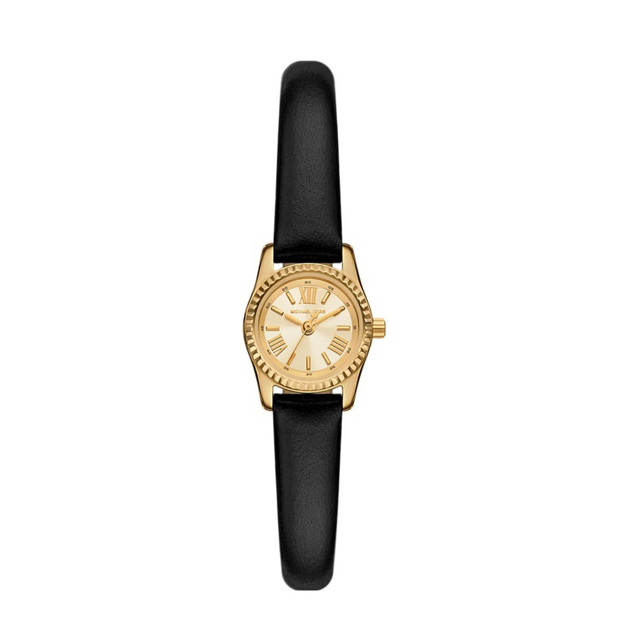 Het Lexington horloge, met een goudkleurigige kast en klassieke Romeinse cijfers, belichaamt glamour voor elke dag. Dit mini uurwerk is uitgevoerd met een ronde wijzerplaat met een afgeschuinde bovenring en een zwart leren bandje. Geef outfits voor overdag en ’s avonds een dosis verfijnde charme met dit horloge.