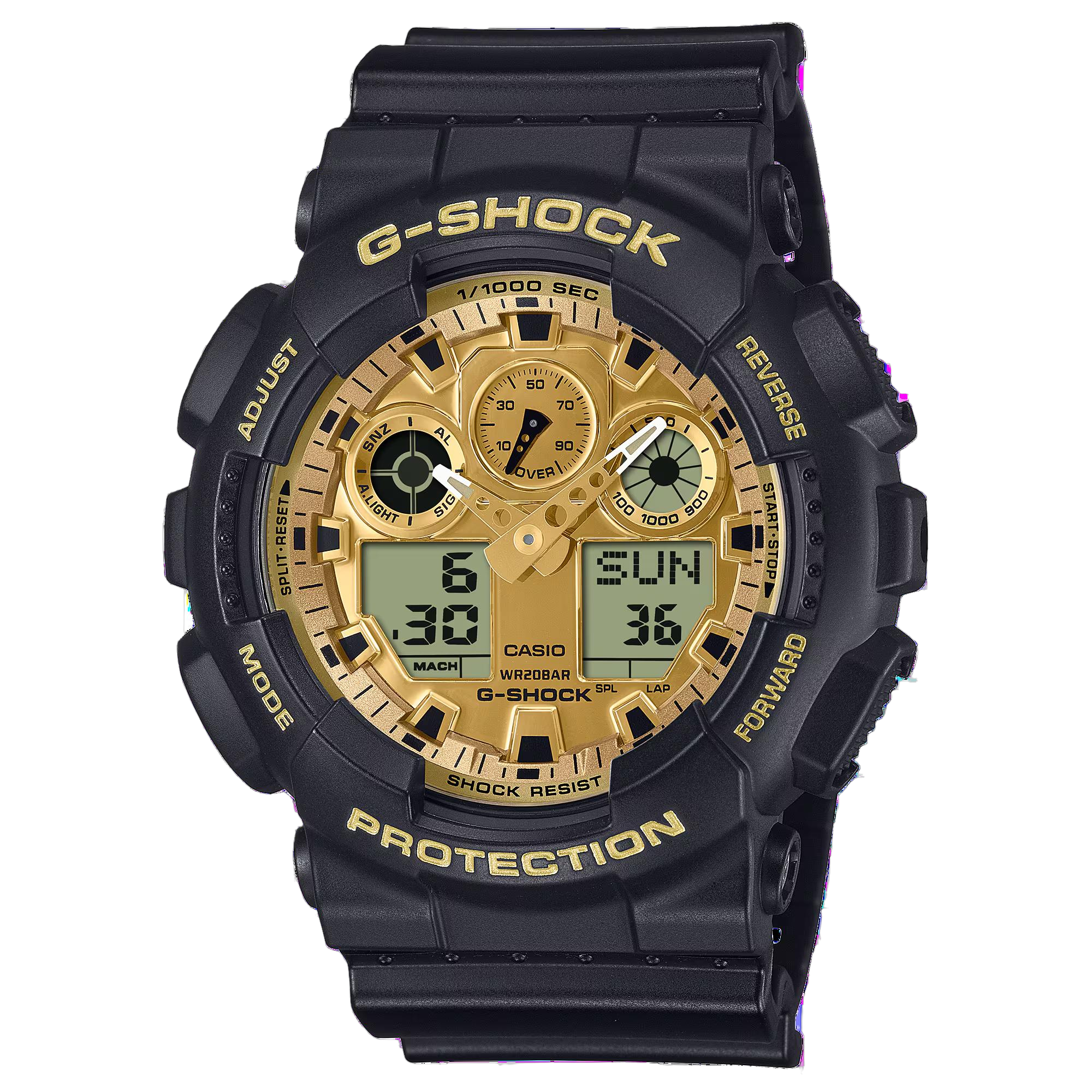 Ga van kracht naar kracht. Maak een gedurfd en zelfverzekerd statement met een G-SHOCK in opvallend zwart en goud. 

De volledig zwarte behuizing, stoer als elke G-SHOCK, glinstert met goudkleurige accenten en gespiegelde texturen voor een look die totaal gedurfd en toch uiterst cool is. 

Kies de GA-100GGB-1A9 of GA-010GGB-1A9 met een wijzerplaat die helemaal glanst in de onmiskenbare kleur van goud, dankzij de stralende goudkleurige dampafzetting en goudkleurige LCD-spiegel. De horlogeband en kast zijn afgewerkt met een glanzende coating voor een strakke, glanzende look. 

Of kies voor een horloge met het kenmerkende grote wijzerplaatdesign - de GA-010GB-1A9 met indexen afgewerkt met goudkleurige dampdepositie, of de GD-010GB-1A9 met LCD-randring afgewerkt met goudkleurige dampdepositie.