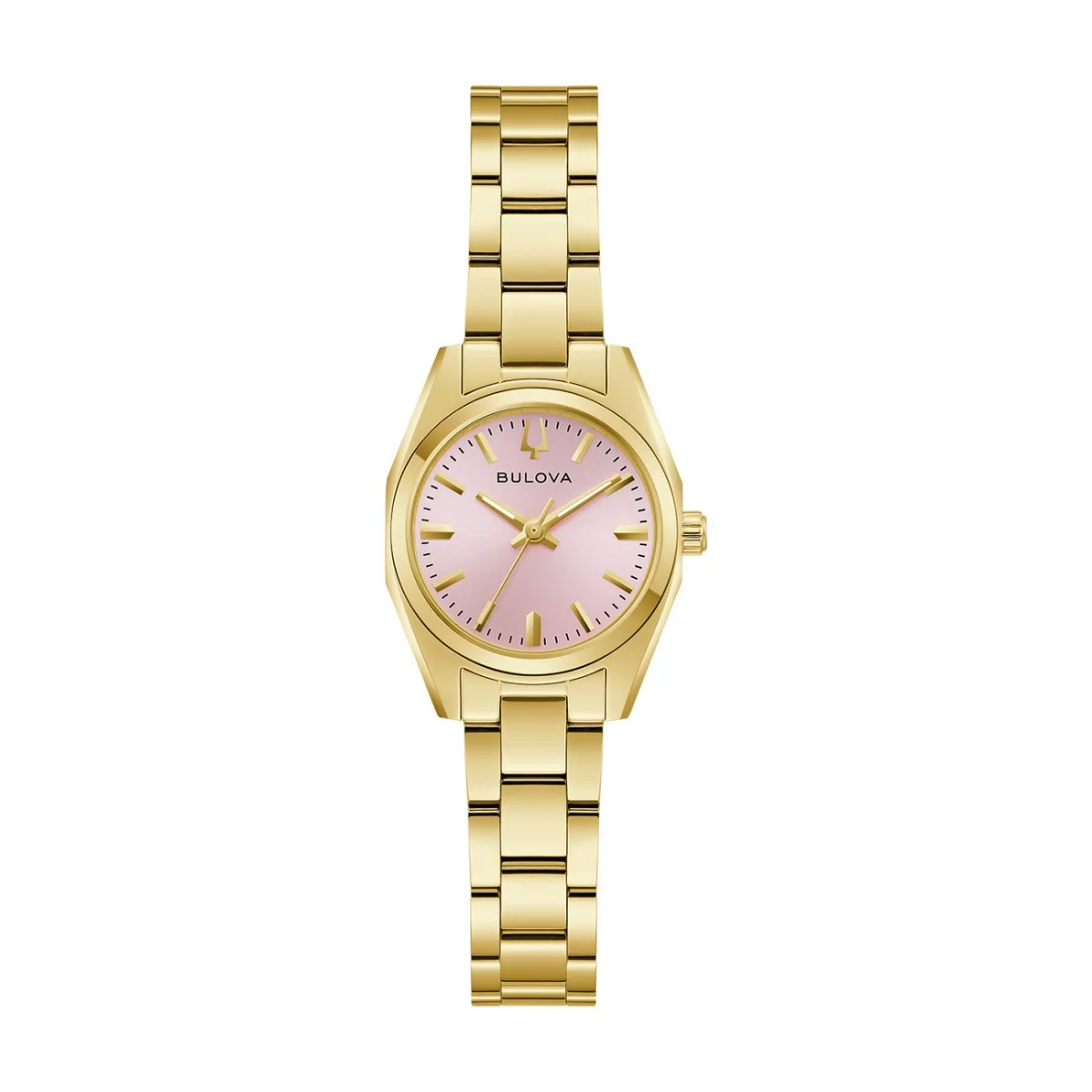 De Bulova Dameshorloge 97L187 heeft een ronde kast van roestvrij staal met een goudkleurige afwerking. Het heeft een analoge wijzerplaat in het roze met streepjesindex en saffierglas. Het horloge is niet allergievrij, heeft een quartz uurwerk, is waterbestendig tot 3 atm en is nikkelvrij. Draag het elegant bij formele of alledaagse outfits.