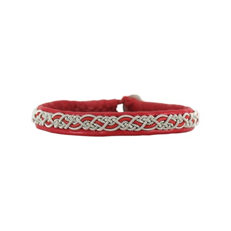 Julevu saami armband met zilver- tindraad en elandenleer en -gewei, model svea, rood, 18.5cm.