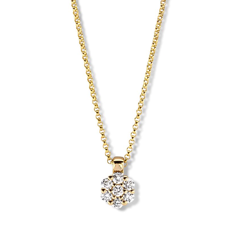 Geelgouden collier met diamanten hanger in entourage zetting.
