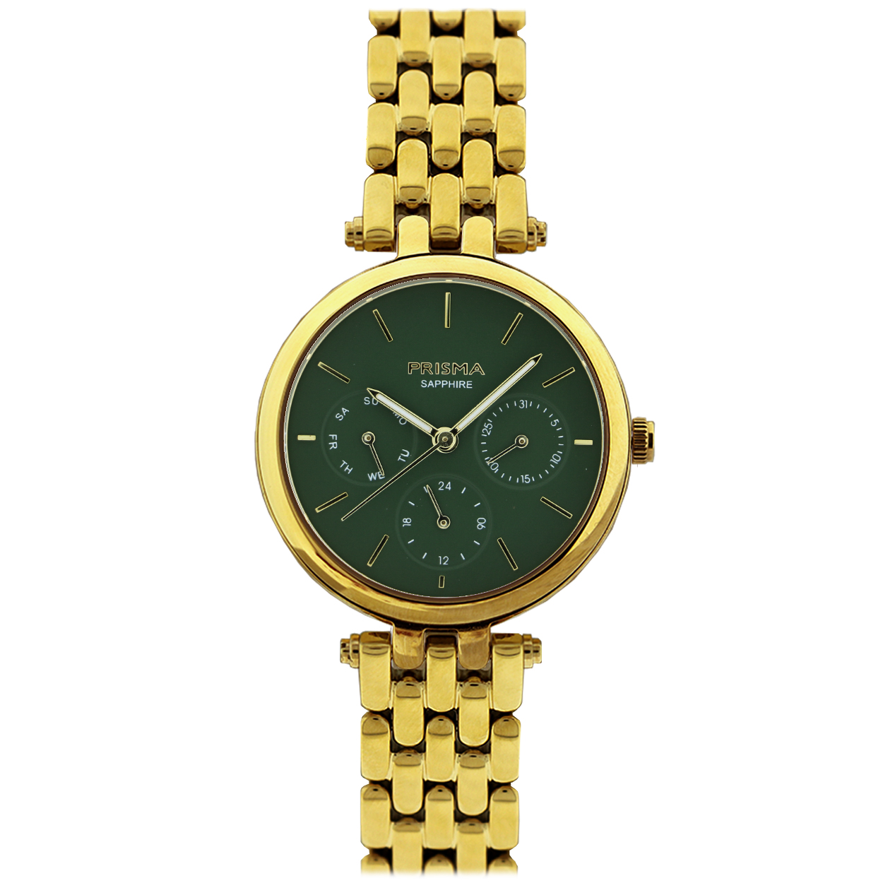 Prisma horloge P3004 TOISE dames multifunctie edelstaal saffierglas 5 ATM

Algemeen
Geslacht: dames
Model: P.3004

Voordelen
– band edelstaal goudkleurig
– multi-functie
– wijzerplaat groen met goudkleurige streepjes
– glas is zeer krasvast
– compacte sluiting met extra draagcomfort
– 24 uurs aanduiding
– dagwijzer
– quartz
– maat kast 32 mm (breedte) 8 mm (dikte)

Details
Kast
– Kast maat: 32 mm
– Kast dikte: 8 mm
– Kast materiaal: edelstaal
– Kast kleur: goudkleurig
-Kastvorm: rond
– Glas type: saffier
– Waterdicht: 5 ATM/BAR

Wijzerplaat
– Wijzerplaat: groen met goudenkleurige streepjes
– Lichtfunctie: geen

Band
– Maat aansluiting band 15 mm
– Type: schakelband
– Band: edelstaal goudkleurig
– Sluiting band: vlindersluiting

Uurwerk
– Functies: multifunctie (datumveld, dag en 24 uurs aanduiding)
– Uurwerk: Seiko (VX9J)