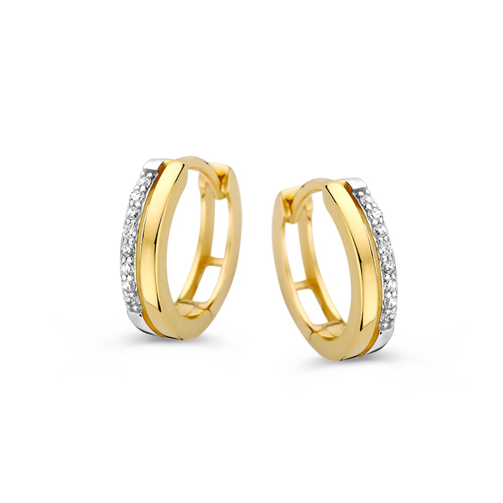 Excellent Jewelry bicolor wit- en geelgouden oorringen met zirkonia's.
