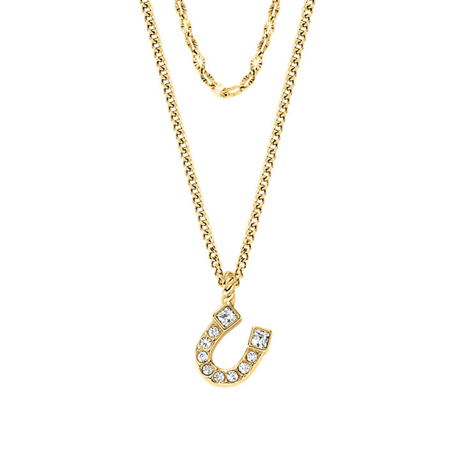 Deze goudkleurige, roestvrijstalen meerstrengige ketting combineert gepolijste schakels met een hoefijzervormige bedel voor een verfijnde, gelaagde look. De karabijnsluiting zorgt voor een veilige pasvorm, terwijl de hoogglanzende afwerking het ontwerp een strakke touch geeft. Vervaardigd met hoogwaardige materialen, maken de evenwichtige verhoudingen het een moeiteloos statement piece.