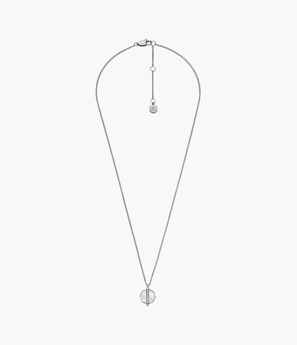 Deze hanger, vervaardigd van gepolijst zilverkleurig roestvrij staal, combineert strakke lijnen met een lichtgevend parelmoeraccent voor een verfijnde afwerking. De delicate ketting is voorzien van een karabijnsluiting, wat zorgt voor zowel draagcomfort als gemak. Ontworpen met doordachte aandacht voor detail, maakt het ingetogen silhouet de ketting een moeiteloze aanvulling op elke sieradencollectie.