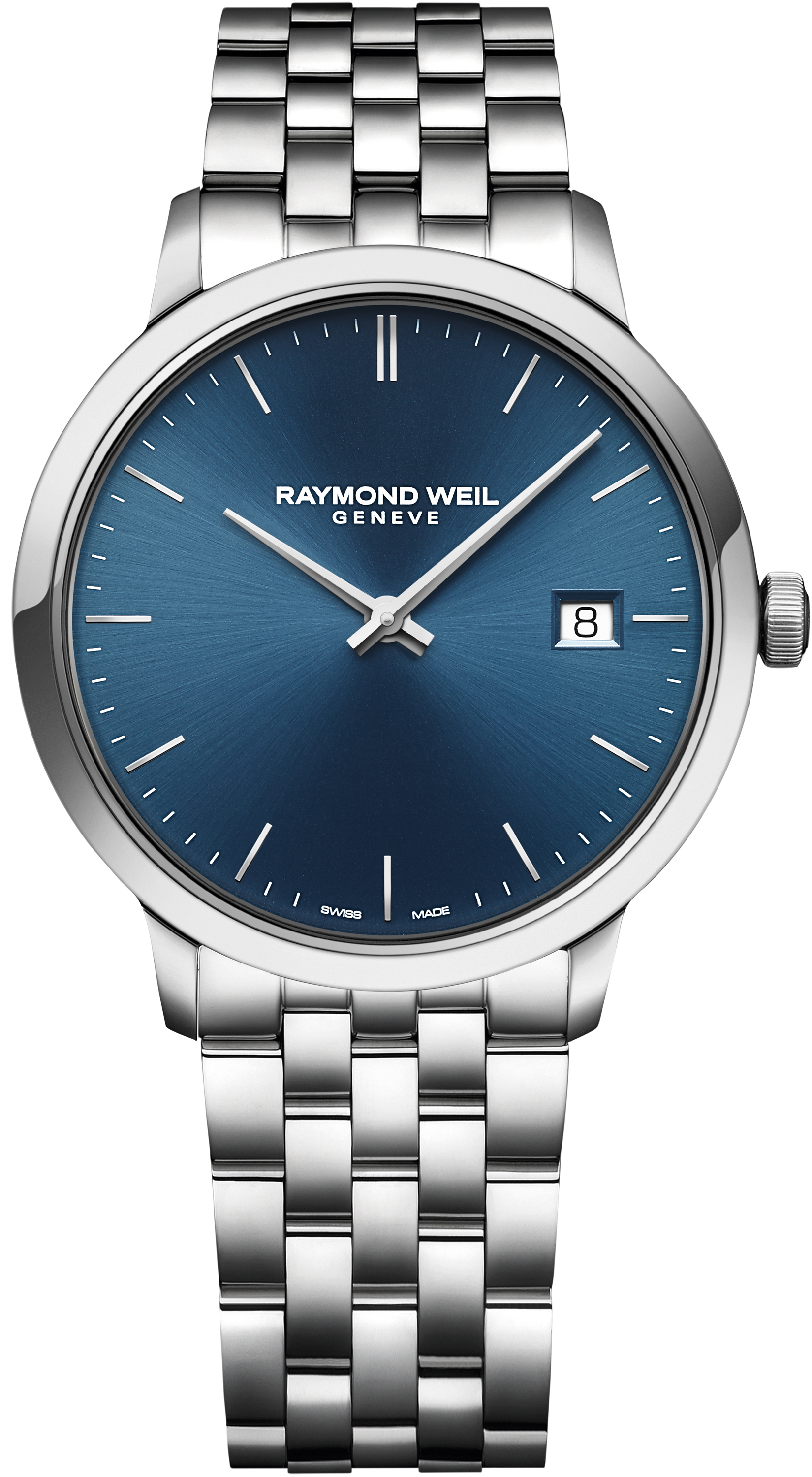 Deze prachtige Raymond Weil uit de Toccata lijn heeft een blauwe wijzerplaat, zilverkleurige index en is 5ATM.