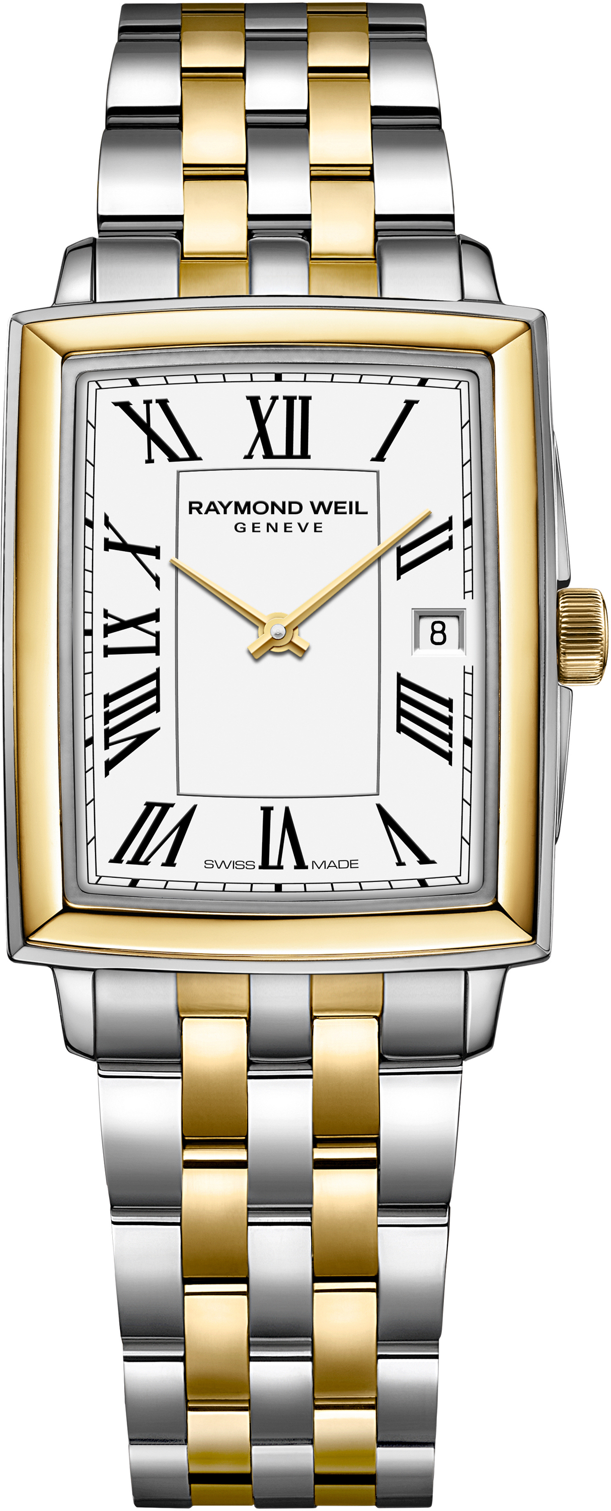 Dit prachtige horloge van Raymond Weil komt uit de Toccata lijn. Het horloge heeft een bicolor horlogeband, witte wijzerplaat, Romeinse index en datum.