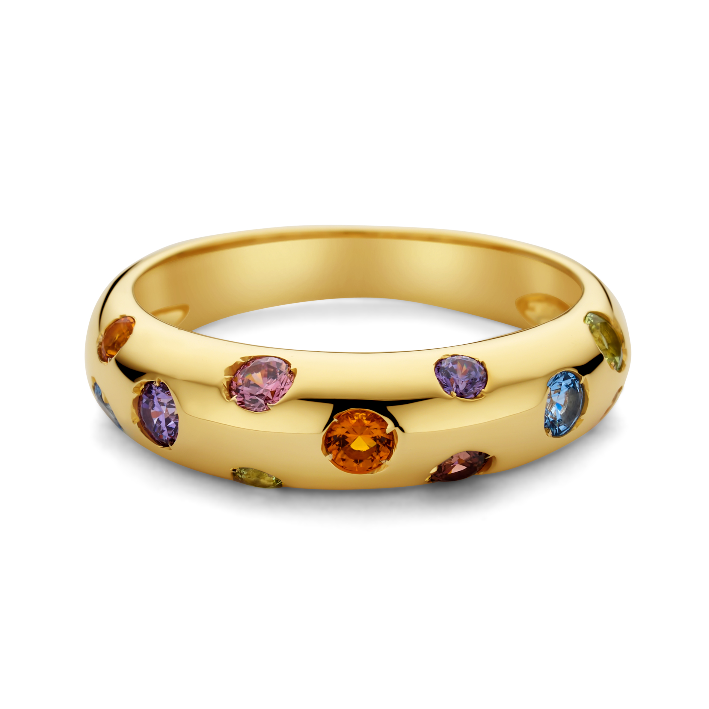 Dit is een gouden  ring van het merk Italo Bottene met verschillende kleuren edelsteen.
Maat 56