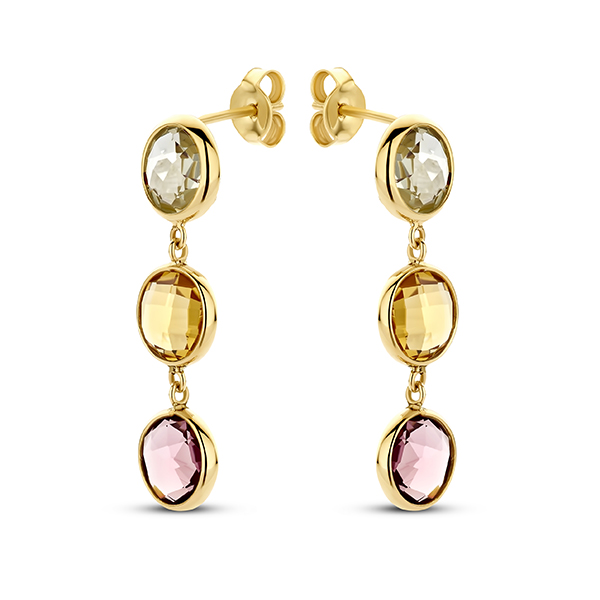 Dit zijn gouden  oorhangers van het merk Italo Bottene  met prehniet en citrien.

