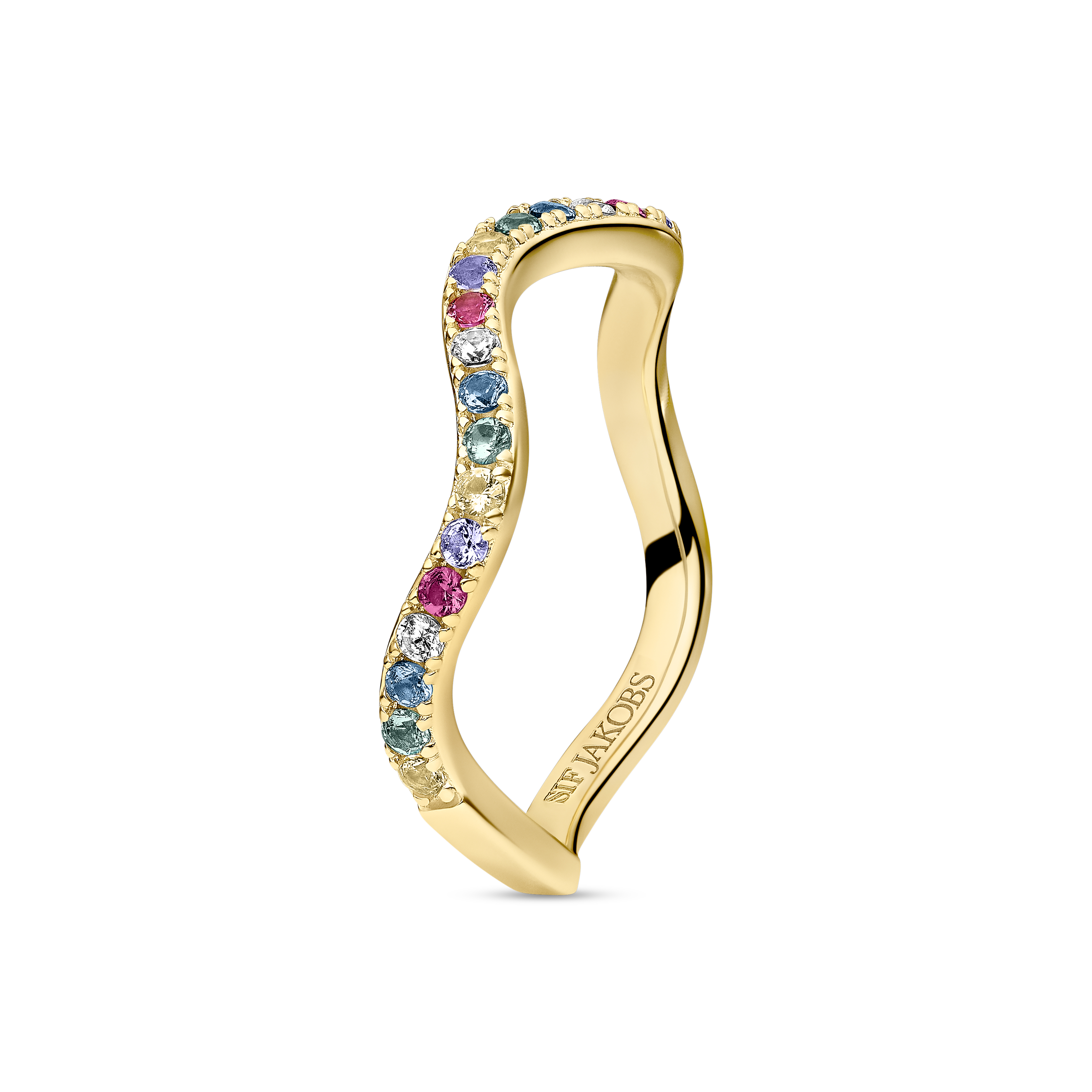 Zilver vergulde ring met gekleurde zirkonia, leuk te combineren met de andere ringen uit deze serie.