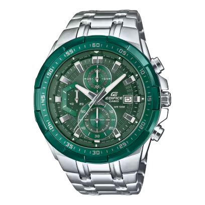 Casio horloge met stalenband en groene wijzerplaat. Het horloge is 10bar waterdicht.