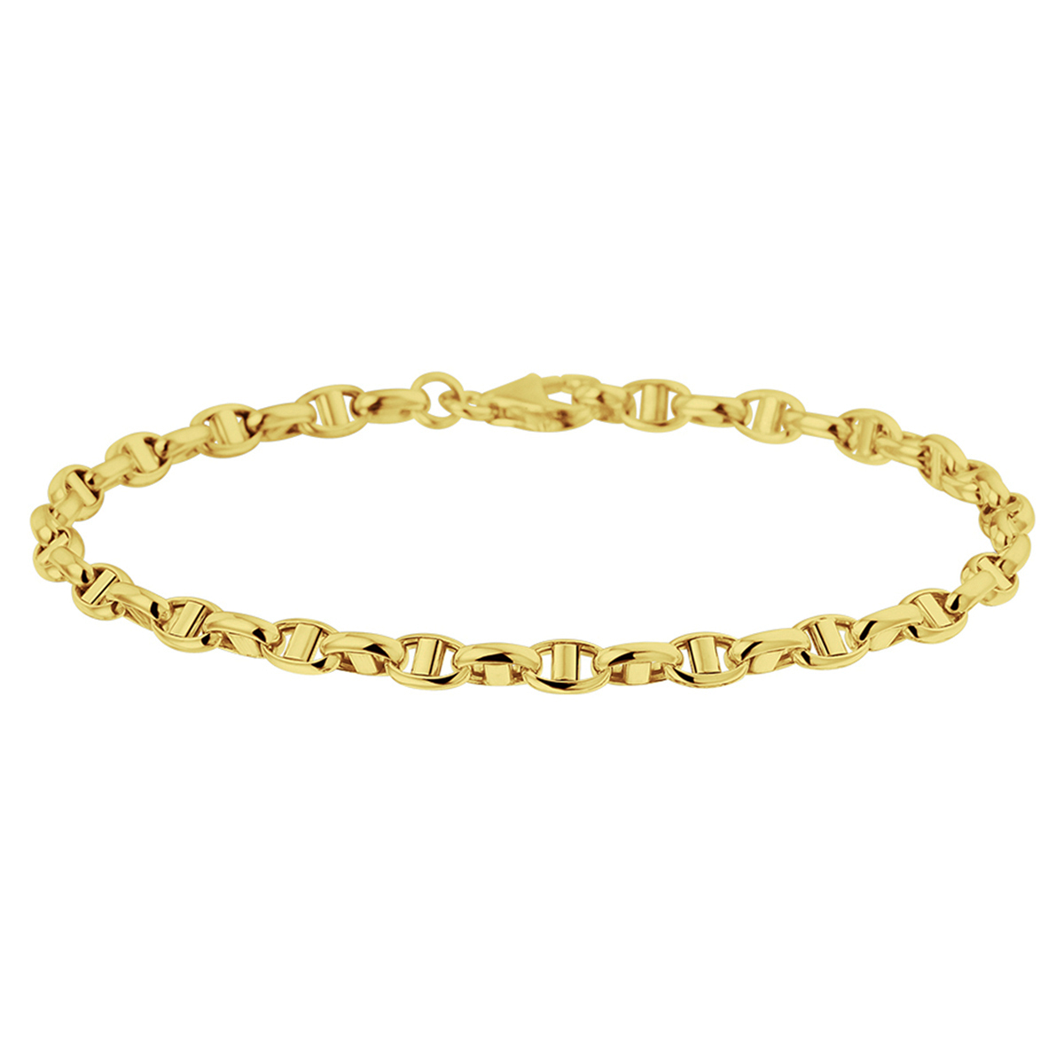De Huismerk Gouden Armband is een prachtige armband van 14-karaats goud, nikkelvrij met een schitterende glans. Het heeft een breedte van 3,5 mm, en een lengte van 185 mm. Ideaal om te dragen bij formele gelegenheden of om elke dag een vleugje elegantie toe te voegen aan je outfit.