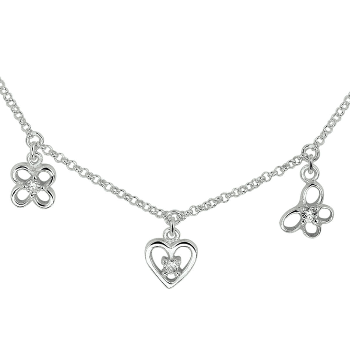 Zilveren collier met verschillende bedels en zirkonia. De lengte van het collier bedraagt 36cm met 2cm extensie en de schakelbreedte is 1.7mm. Het collier is onderdeel van een set.