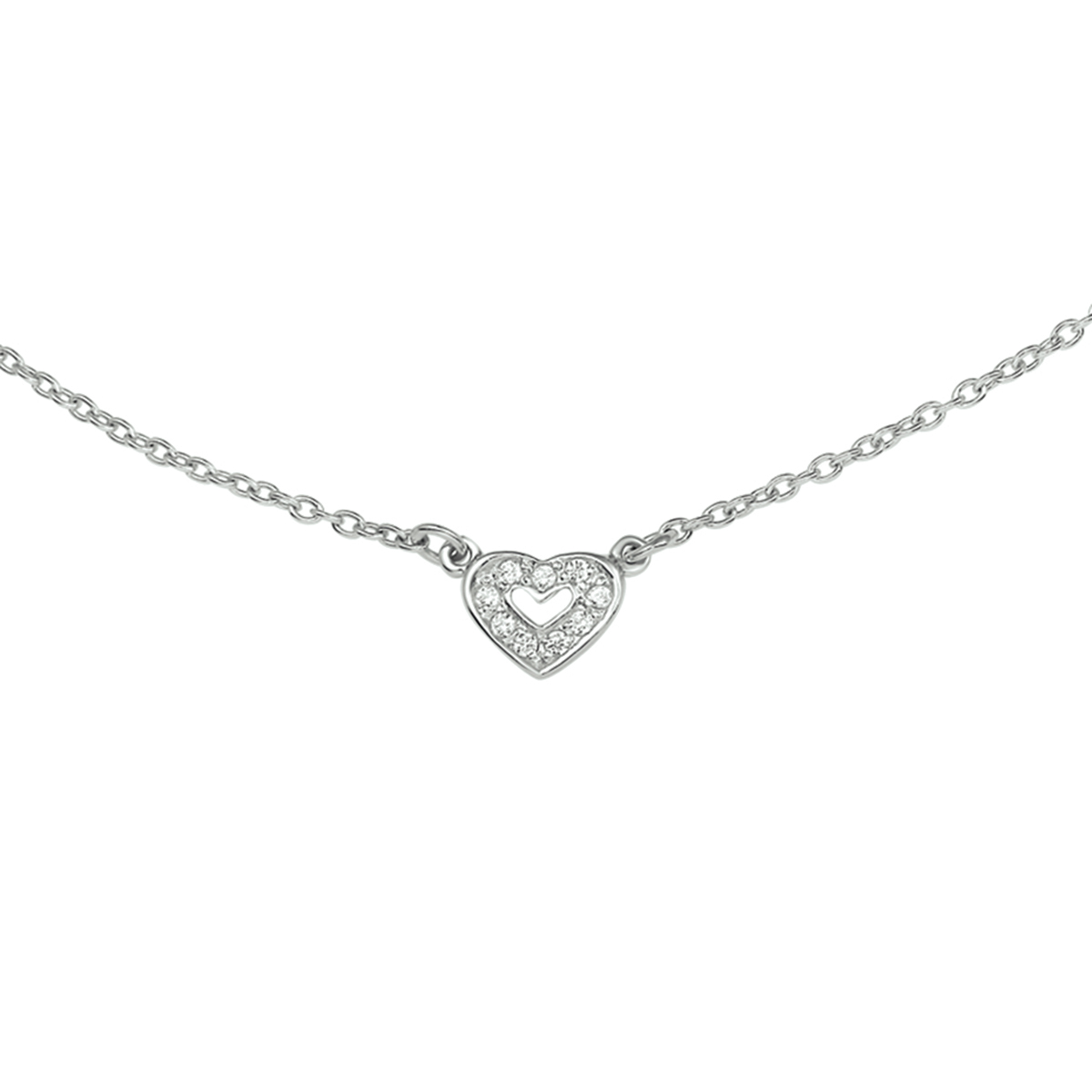 Gerhodineerd zilveren collier met een hart van zirkonia. Het collier is onderdeel van een set. De lengte van het collier bedraagt 36cm met 4cm extensie. De schakelbreedte bedraagt 1.4mm.