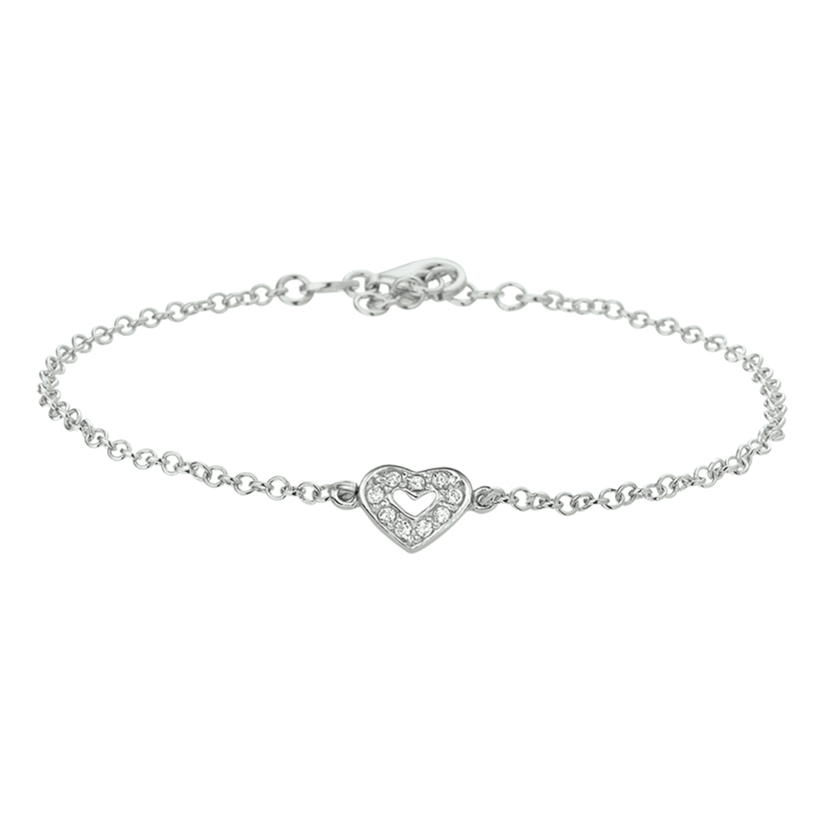 Gerhodineerd zilveren armband met een hart van zirkonia. De armband is onderdeel van een set. De lengte van de armband bedraagt 13cm met 3cm extensie. De schakelbreedte bedraagt 1.4mm.