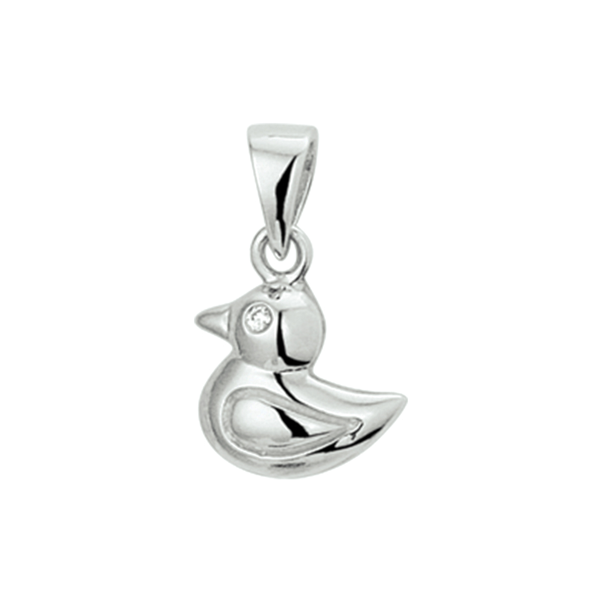 Gerhodineerd zilveren eend hanger uitgevoerd met een solitaire briljant geslepen zirkonia in een zetkast en is poli afgewerkt. De hanger is te combineren met een van onze colliers uit onze collectie. De hanger heeft een afmeting van 8.5x10.5mm.