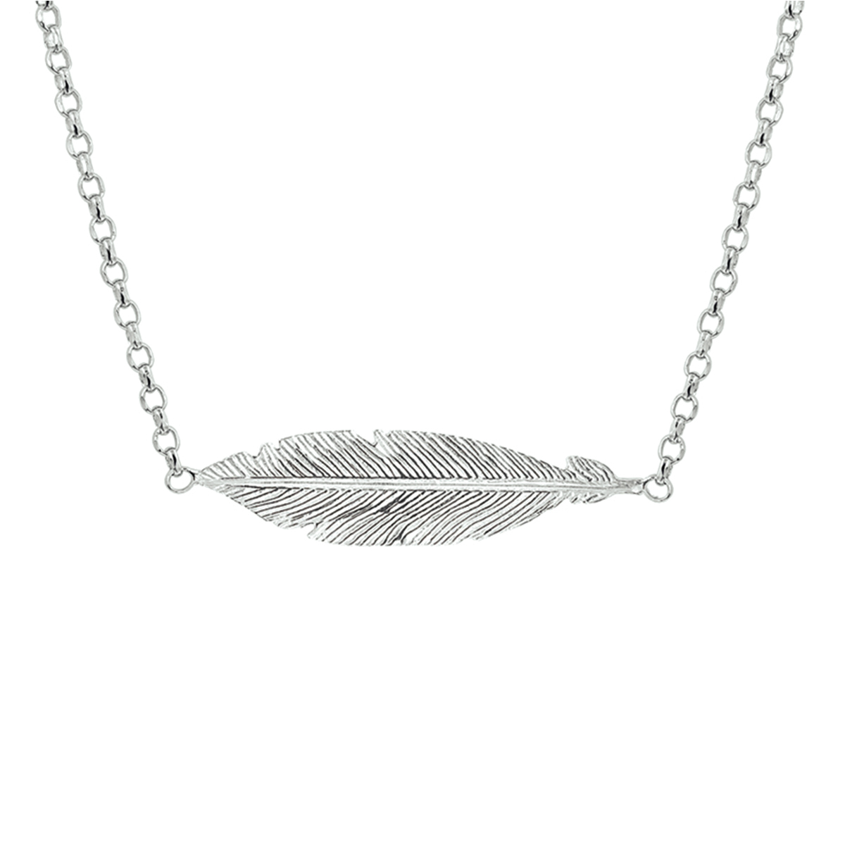 Gerhodineerd zilveren collier met een veer. Het collier is onderdeel van een set en de lengte bedraagt 40.5cm met 3cm extensie. De schakelbreedte bedraagt 1.8mm.