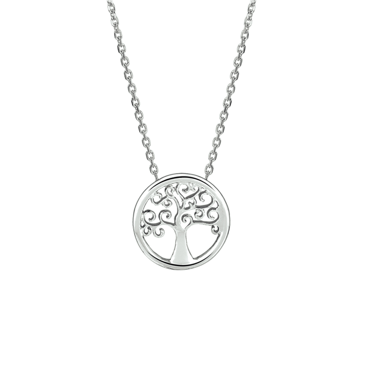 Gerhodineerd zilveren collier met een levensboom. De lengte bedraagt 41cm met 4cm extensie.