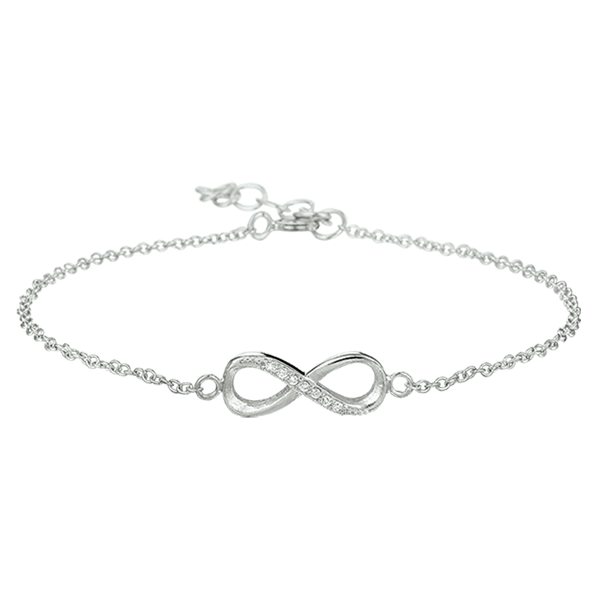 Gerhodineerd zilveren armband met infinity teken en zirkonia. De armband is onderdeel van een set. De lengte van de armband bedraagt 15.5cm met 2.5cm extensie. De schakelbreedte bedraagt 1.2mm.