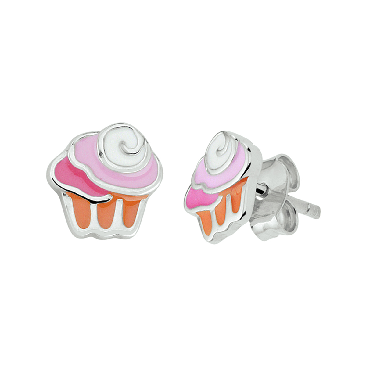 Super leuke gerhodineerd zilveren cupcake oorknoppen uitgevoerd met verschillende kleuren emaille. De oorknoppen hebben een afmeting van 7x7mm. U kunt deze oorknoppen combineren met bijpassende sieraden uit onze collectie.