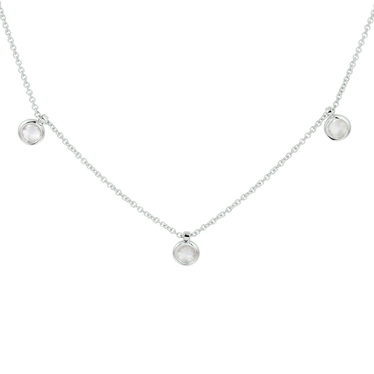 Gerhodineerd 925 zilveren 1.3mm anker collier uitgevoerd met 3 schitterende rozenkwarts stenen en een stevige karabijn sluiting. Het collier heeft een draaglengte van 42cm en een extensie van 3cm.