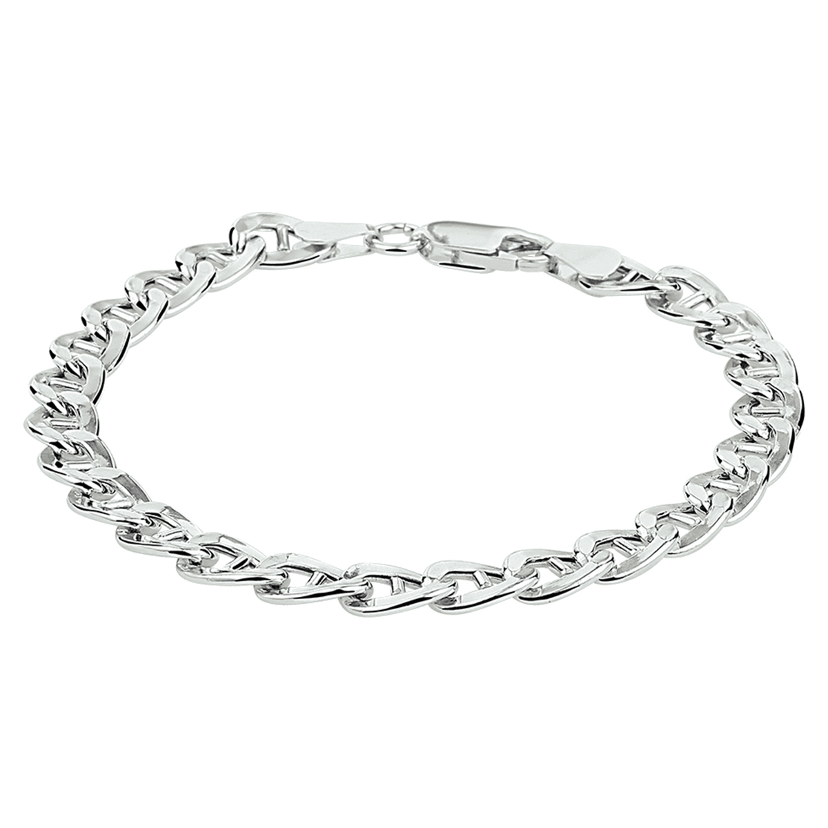 Gerhodineerd zilveren armband met een stijlvol ontworpen anker schakel. De armband heeft een draaglengte van 19cm en een schakelbreedte van 6.5mm. Uitgevoerd met een stevige karabijn sluiting. Info: Gerhodineerd zilver is door de rhodiumlaag beter bestand tegen verkleuren en krassen.