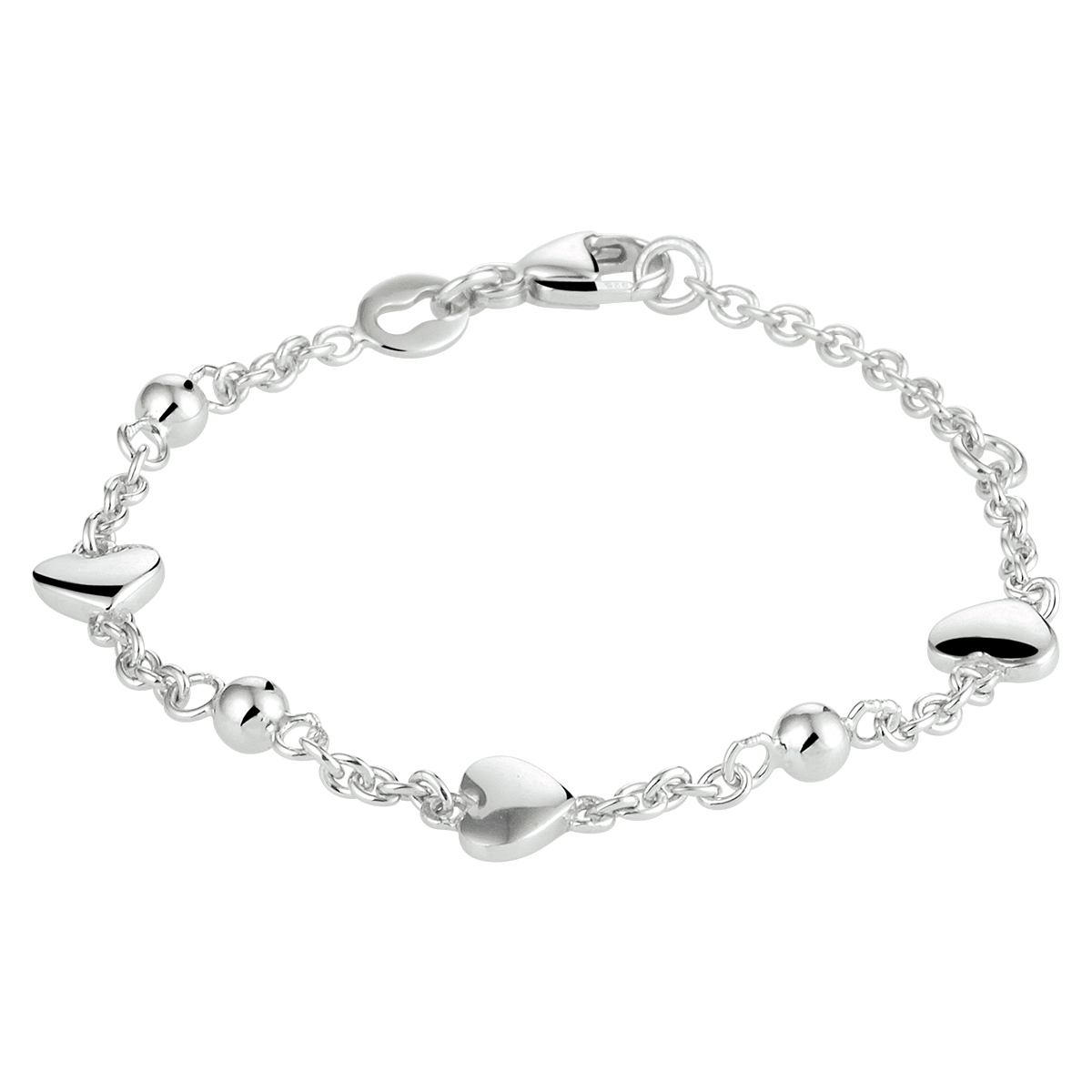 Gerhodineerd 925 zilveren armband uitgevoerd met schattige hartjes en bolletjes. De armband heeft draaglengtes van 11 tot 13 cm en een stevige karabijn sluiting. De bolletjes hebben een diameter van 3mm en de hartjes hebben een afmeting van 5.5x4.5mm. De schakelbreedte is 1.8mm.