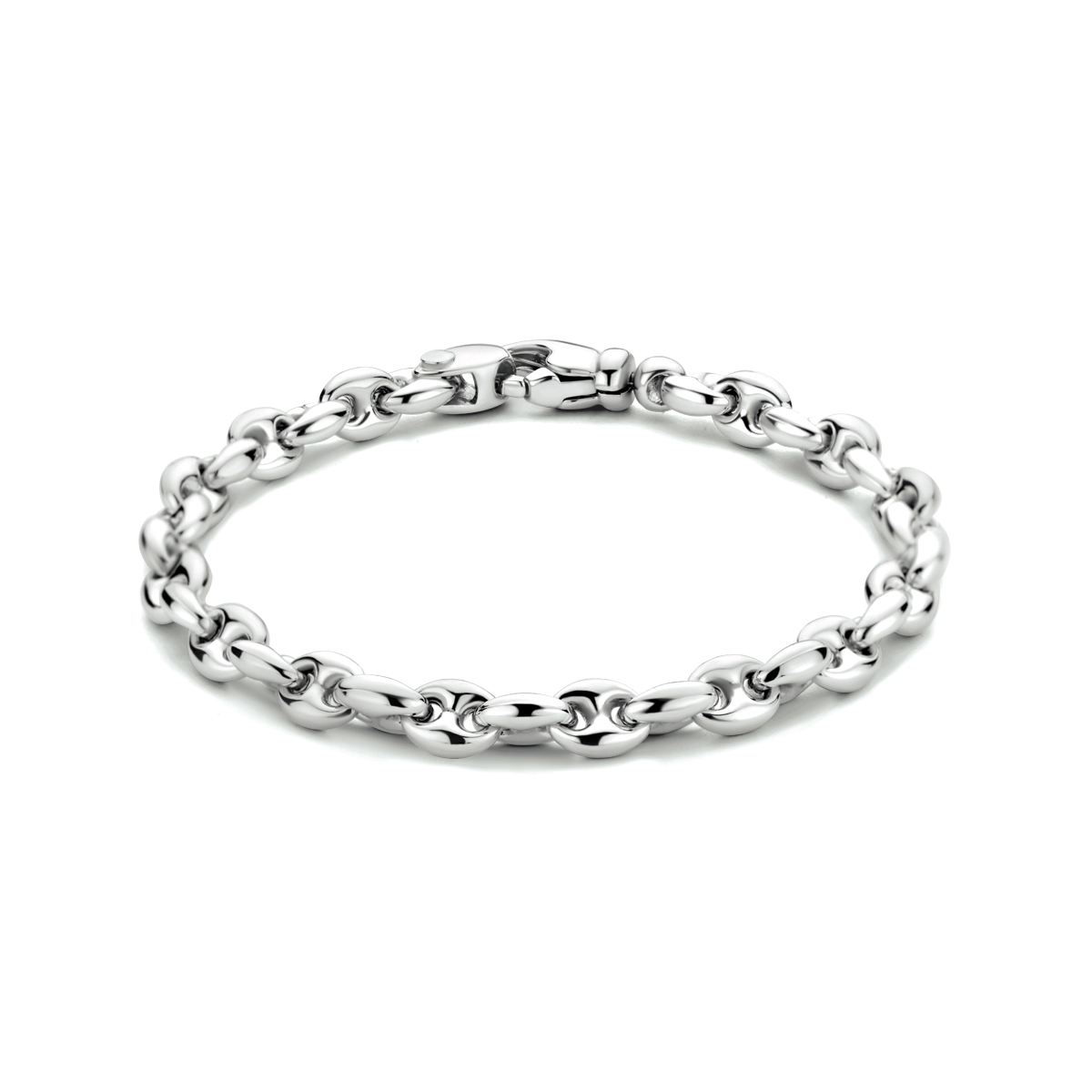 Gerhodineerd 925 zilveren koffieboon armband met een schakelbreedte van 6.2mm. De armband heeft een draaglengte van 19cm en een stevige karabijn sluiting.