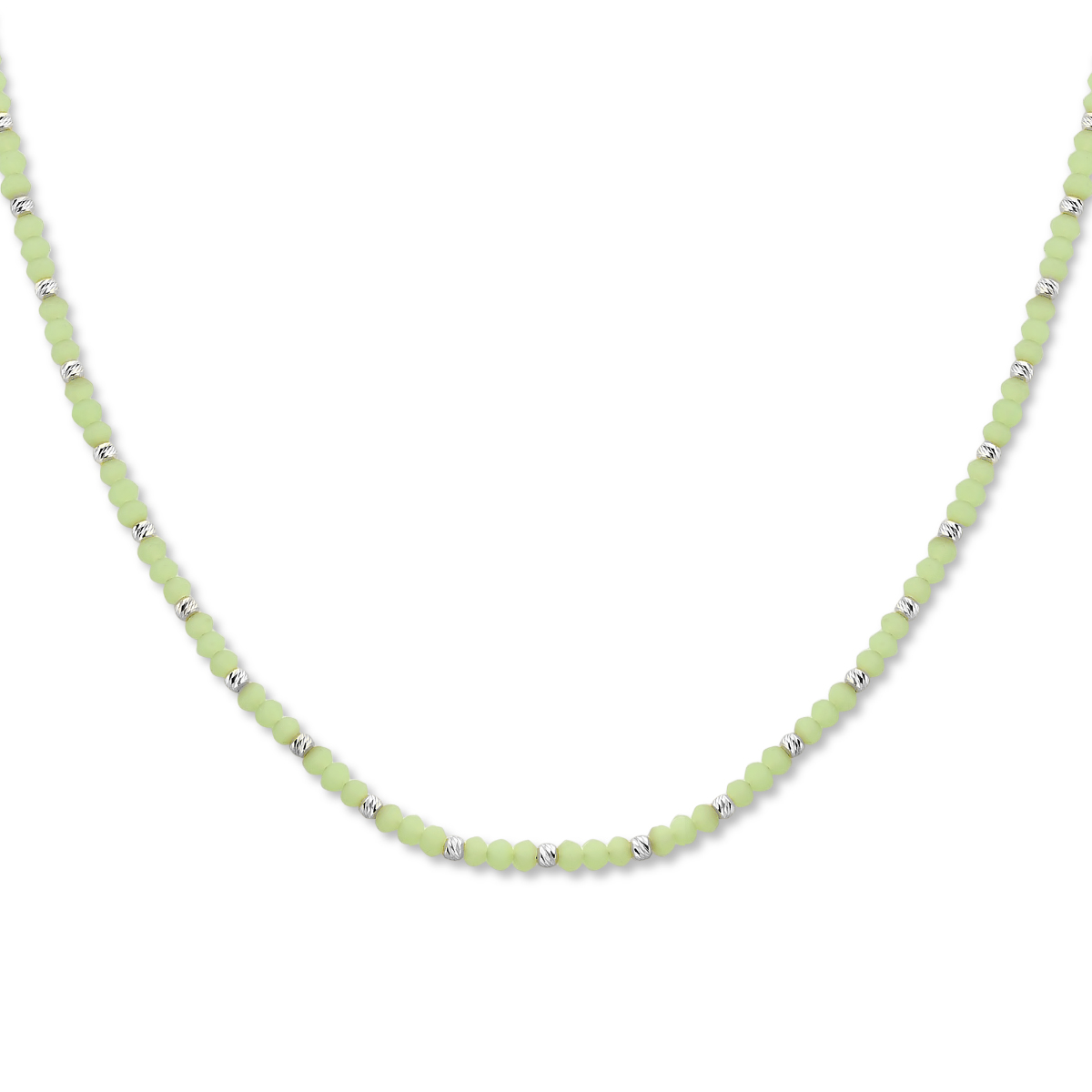 Gerhodineerd 925 zilveren collier uitgevoerd met lichtgroen glas en een karabijn sluiting. Het collier heeft een draaglengte van 41cm en een extensie van 4cm.