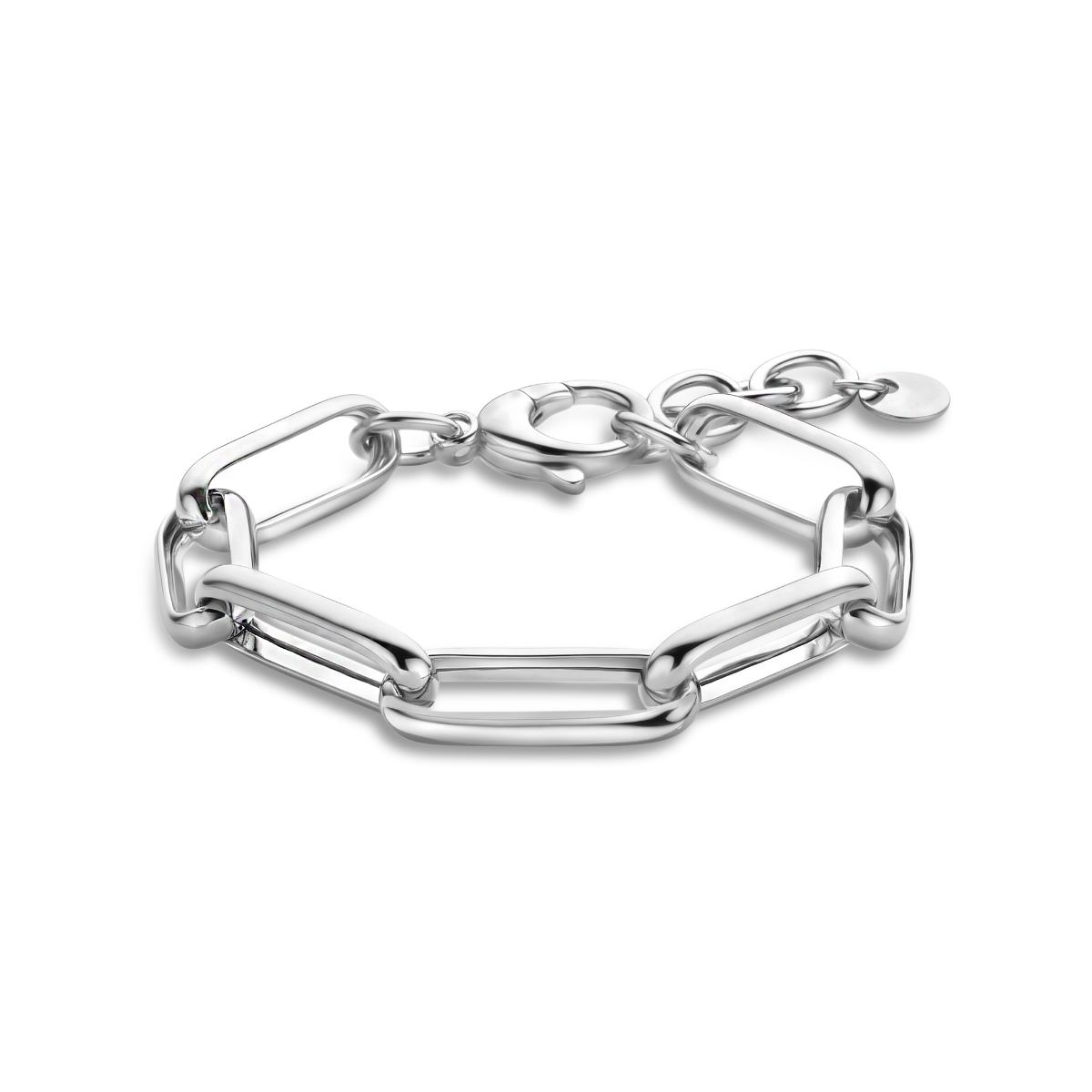 De Armband paperclip half ronde buis 9 mm van 18 + 3 cm, modelnummer 1336585, is een elegante toevoeging aan je sieradenverzameling. Gemaakt van rodium-plated materiaal, met een glanzende afwerking en een stevig karabijnslot. De paperclip-ketting van 9 mm breedte weegt 14,9 gram. Perfect om alleen te dragen voor een verfijnde look.