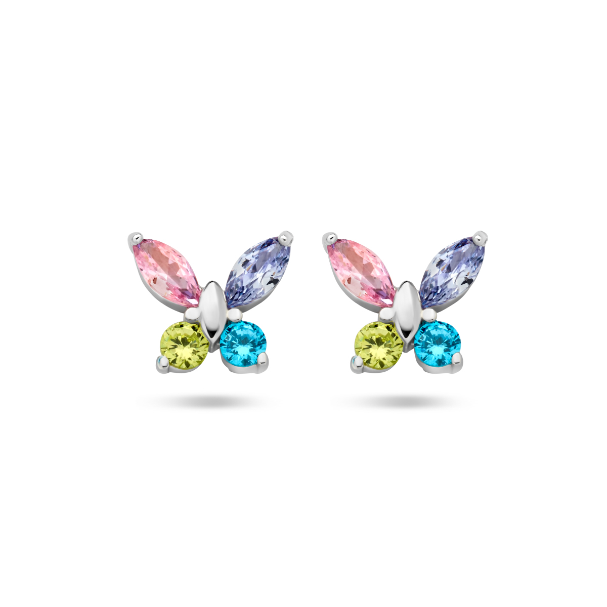 Gerhodineerd 925 zilveren vlinder oorknoppen met gekleurd zirkonia. De oorknoppen hebben een afmeting van 6.5x7mm.