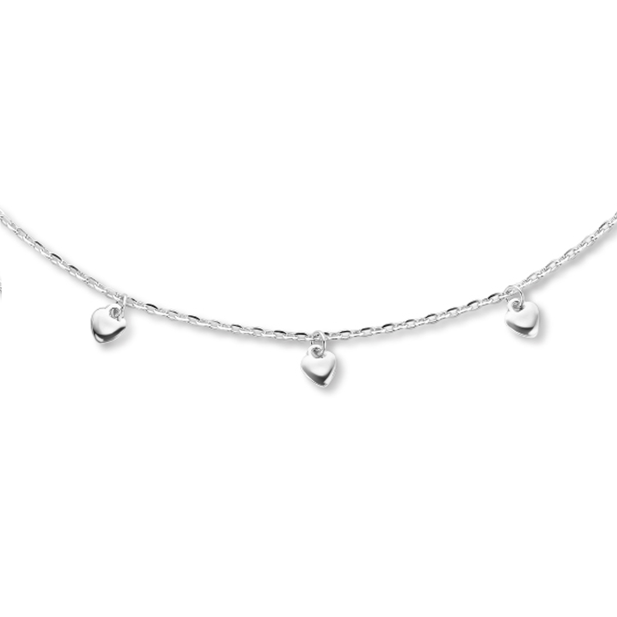 Gerhodineerd 925 zilveren collier met hartjes. Het collier heeft een draaglengte van 36cm met een extensie van 4cm. De schakelbreedte is 1.5mm. Uitgevoerd met een karabijn sluiting.