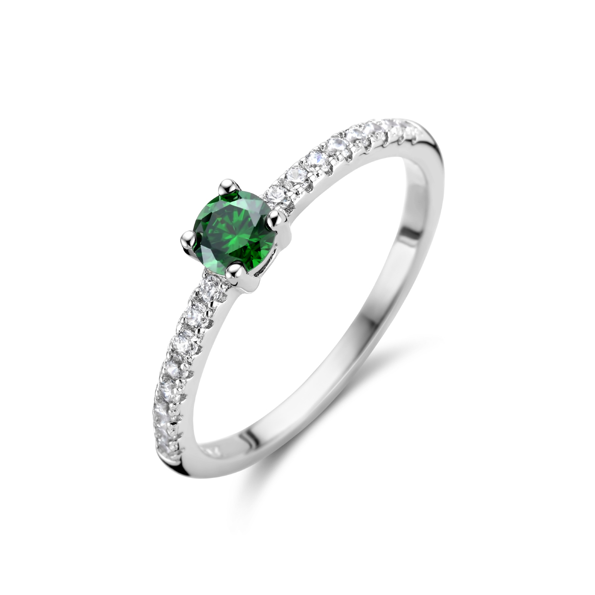 Gerhodineerd zilveren ring uitgevoerd met schitterend groen en wit zirkonia. De ring heeft een breedte van 4mm.