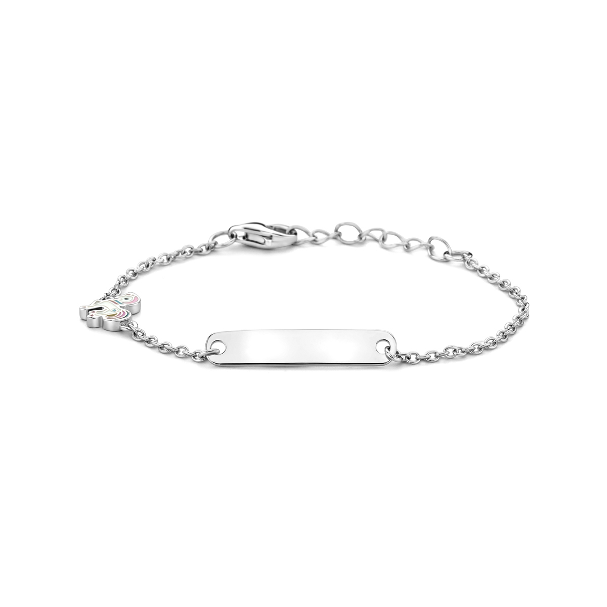 Gerhodineerd 925 zilveren graveerarmband uitgevoerd met een eenhoorn. De armband heeft een schakelbreedte van 1.5mm en een draaglengte van 11cm met 2cm extensie. De graveerplaat heeft een afmeting van 4.5x21mm en een dikte van 0.6mm.
