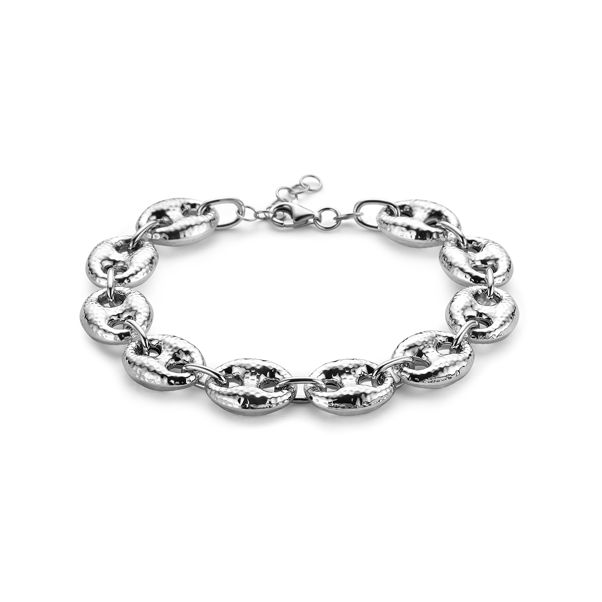 Gerhodineerd 925 zilveren armband met een schakelbreedte van 12mm. De armband heeft een draaglengte van 18cm met 2cm extensie.