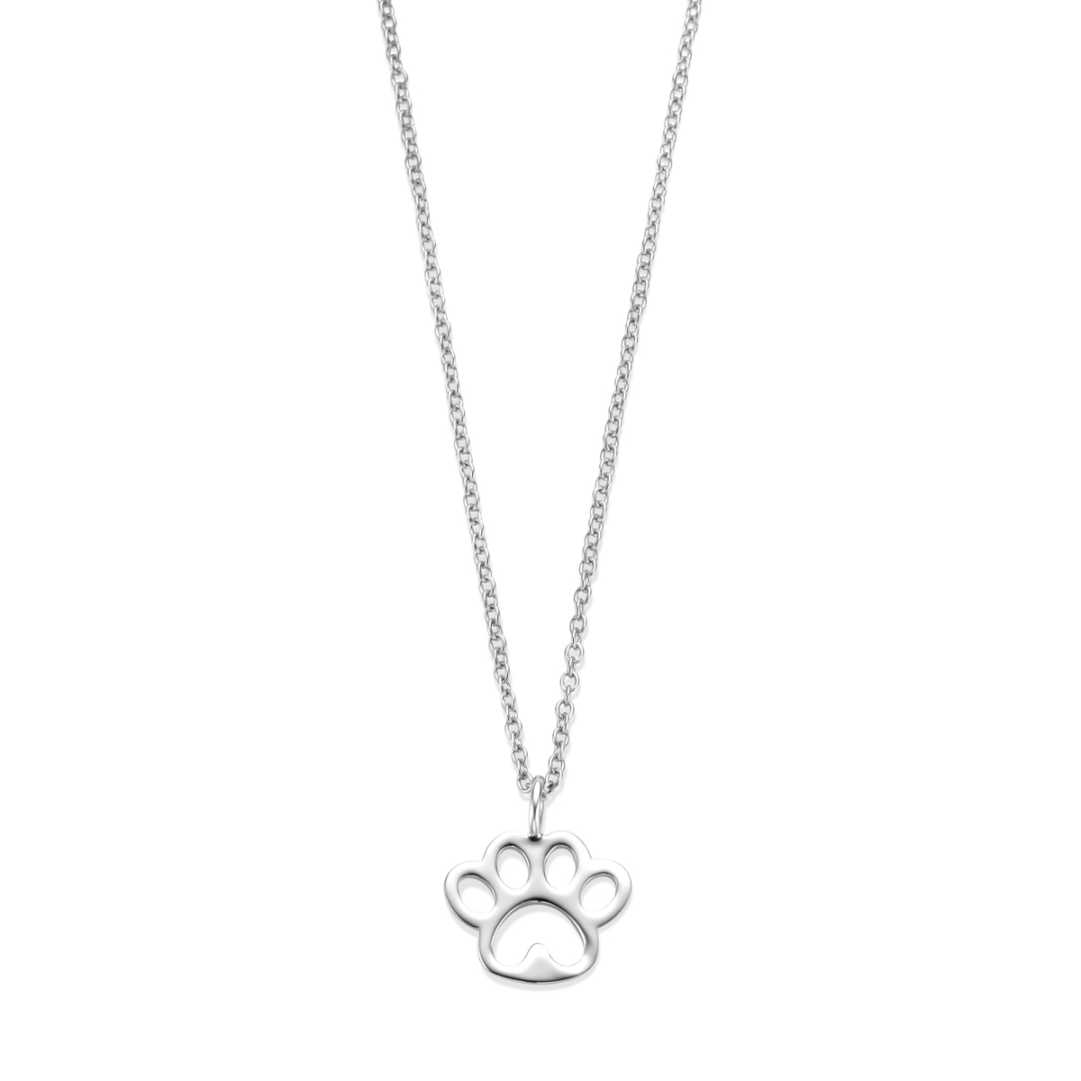 Gerhodineerd 925 zilveren collier uitgevoerd met een hanger in de vorm van een hondenpoot en een karabijn sluiting. Het collier heeft een draaglengte van 36cm en een extensie van 3cm. De schakelbreedte is 1.2mm.