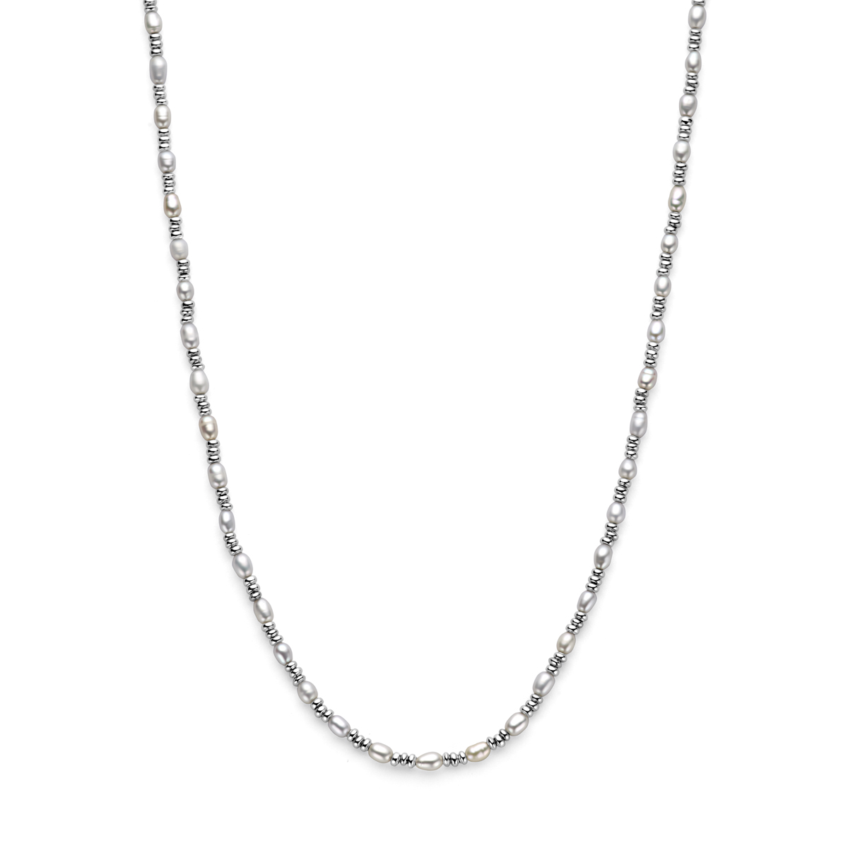 Gerhodineerd 925 zilveren collier uitgevoerd met zoetwaterparels en een karabijn sluiting. De schakelbreedte is 3mm.